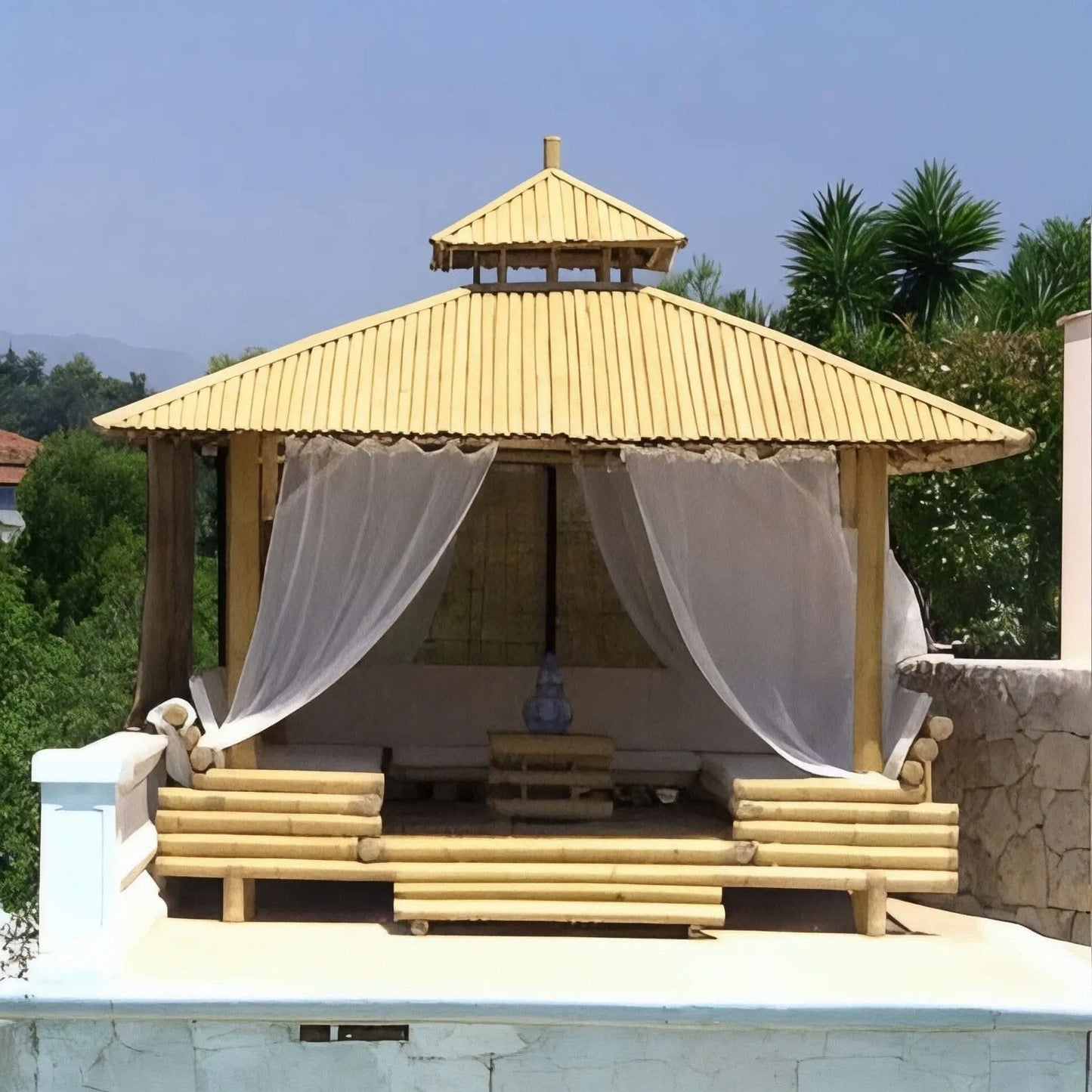 ECO BAMBO Bamboo Gazebo Bamboo Tent for Outdoor Events with Elegant White Drapes