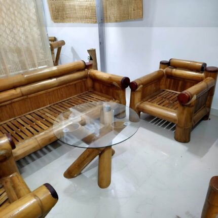 Elegant Bamboo Sofa Set with Glass Table – Perfect for Living Room or Office